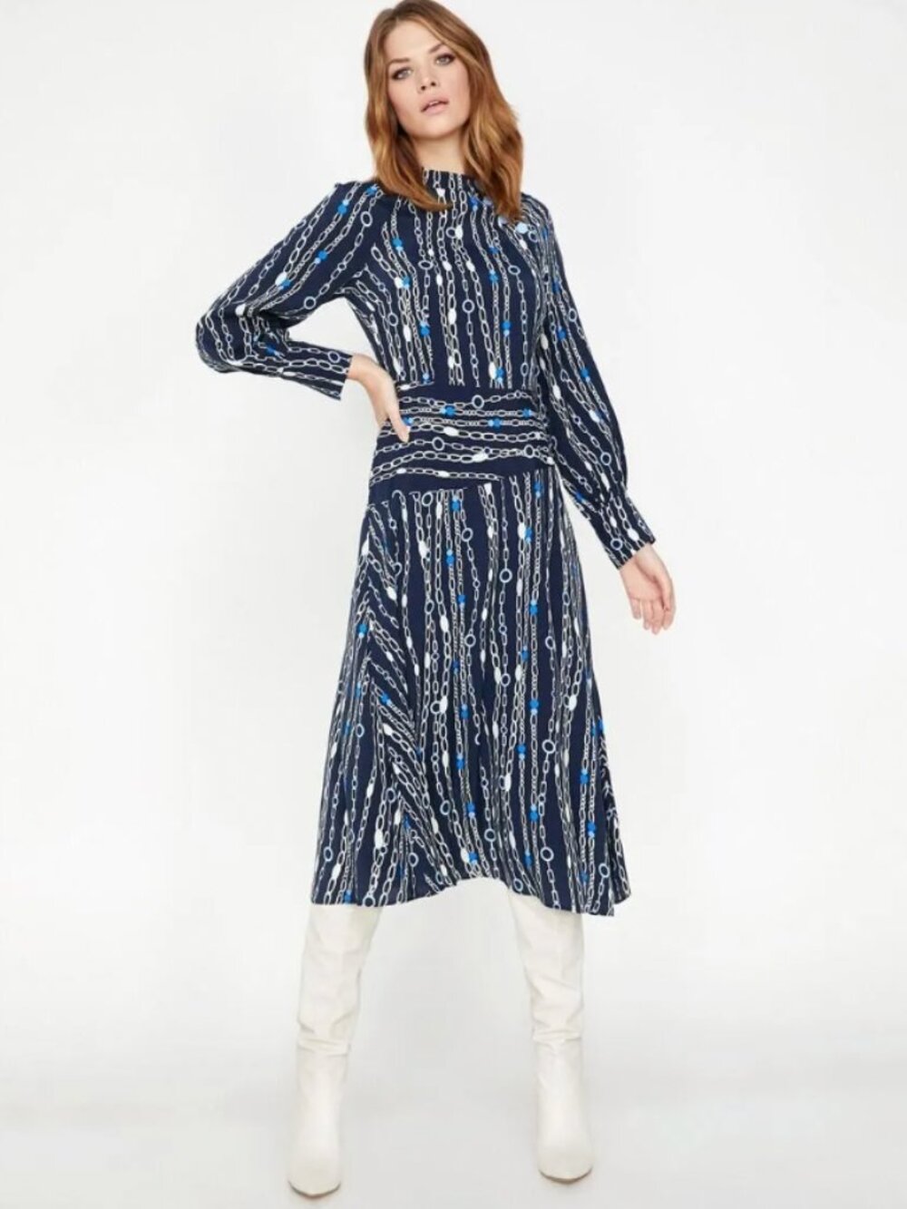 Arzu Sabana for Koton Navy Chain-Print Long Sleeve Dress Size 36 Women's Small